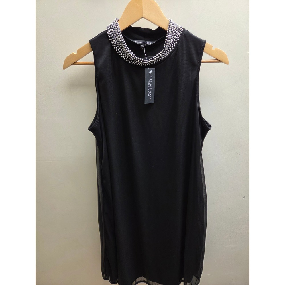 Nik‎ and Nash Women Black Embellished Pearl Rhinestone Neck Sleeveless Top L NEW